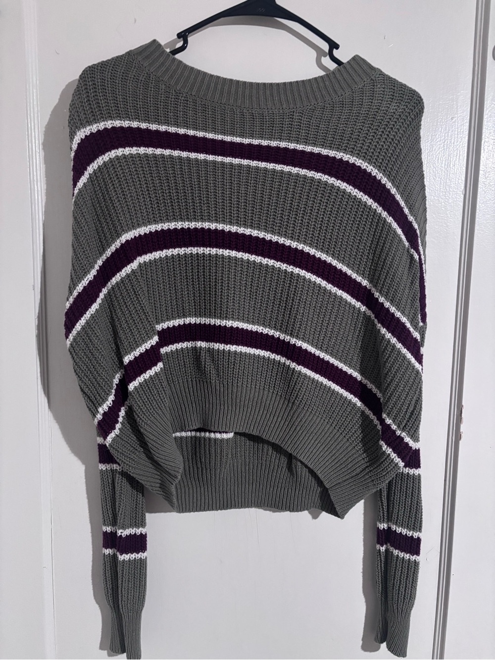 Green Striped Women's Sweater with burgundy & white Accents